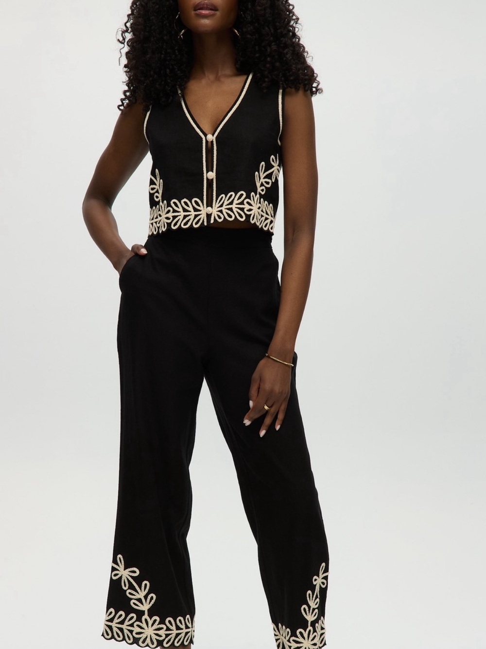 MAISON D'AMELIE Black Linen Blend 2 Piece Embroidered Vest and Pant Set NWT